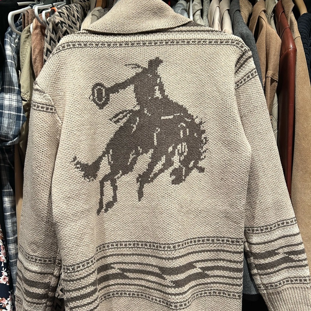 Western Bucking Bronc Rodeo Horse Cowichan Knit Traditional Button Front